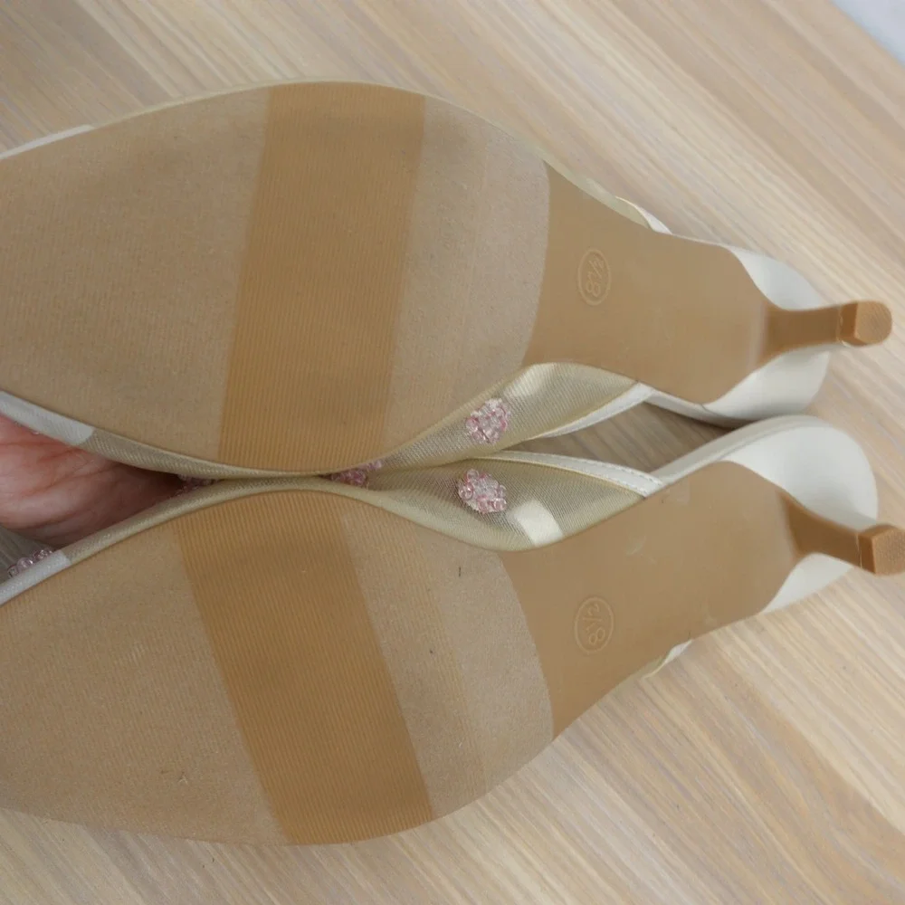 Floral Bead Mule Sandals Women 8.5 Tan Mesh Cottage Fairy Kitten Heel A NEW DAY